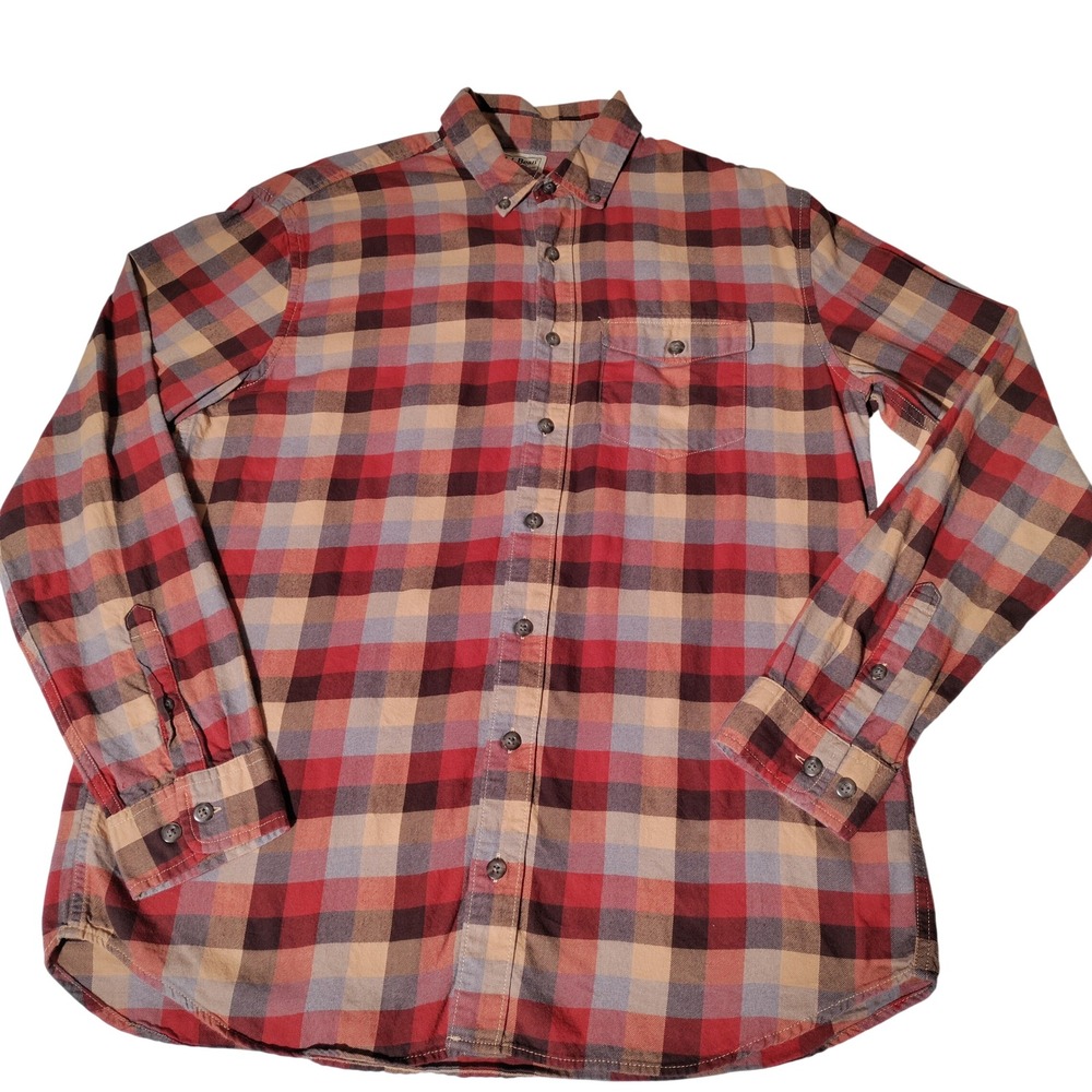 LL Bean Mens Medium Tall Plaid Flannel Shirt Red Orange Traditional Fit 524146